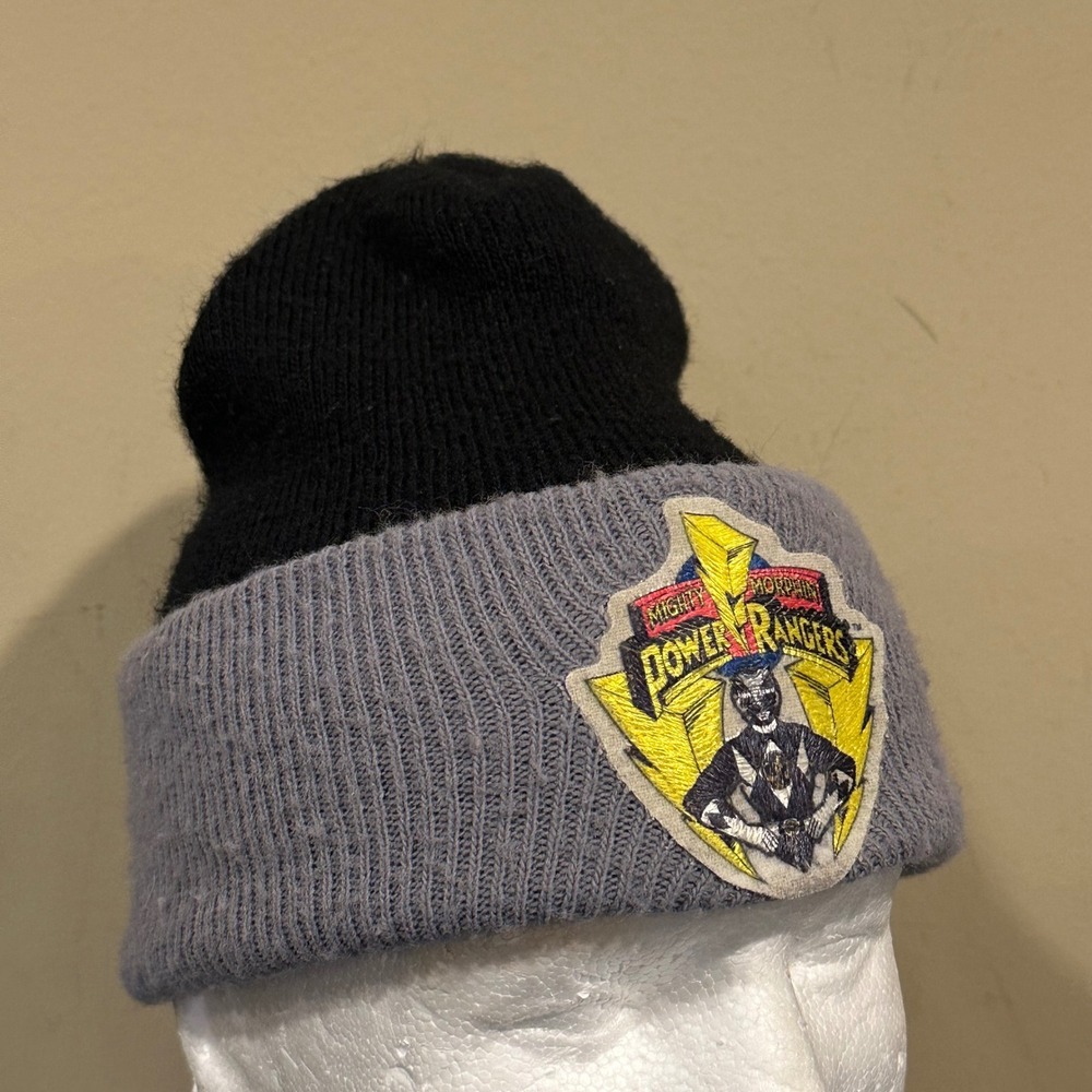 Vintage 1994 Mighty Morphin Power Rangers Black Ranger Beanie Hat Grey Black USA